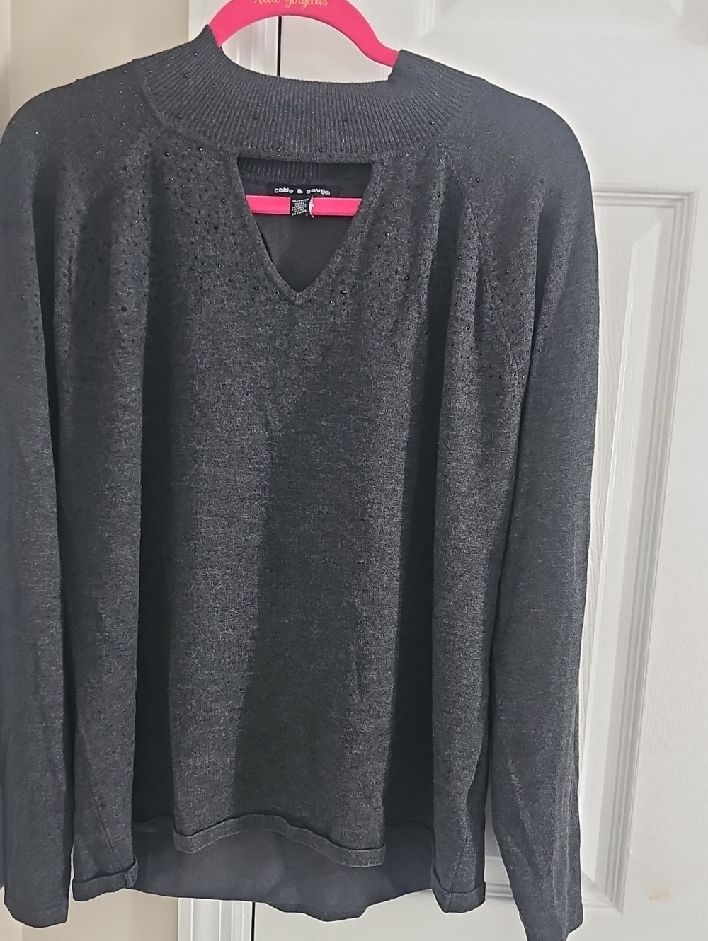 Cable & Gauge Black V-Neck Pullover with Subtle Eyelet Detail